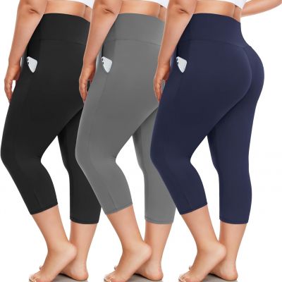 3 Pack plus Size Capri Leggings with Pockets for Women -High Waist Stretchy 1X-4